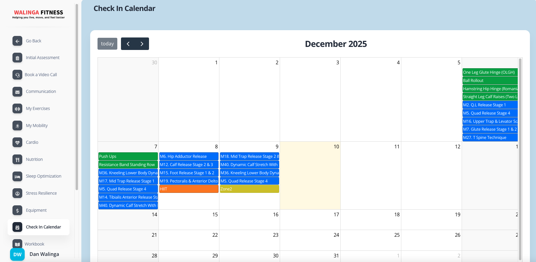 Monthly calendar with workouts, mobility, and cardio sessions scheduled